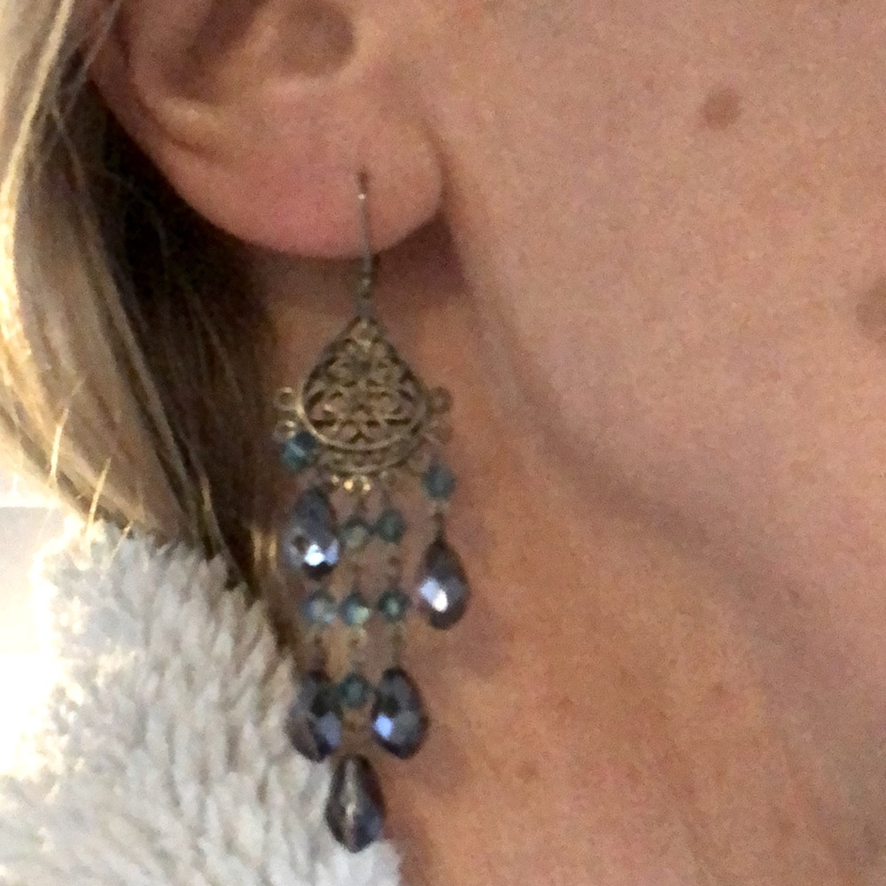 Handmade Sterling silver boho earrings w/ Swarovski crystals in charcoal & aqua - Picture 6 of 11